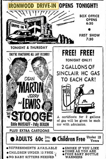 Ironwood Drive-In Theatre - 11 May 1955 Ad (newer photo)